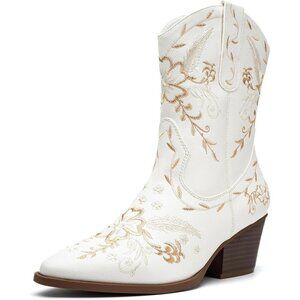 ANJOUFEMME Women's Cowboy Boots, Chunky Heel, Pointy Toe, Side Zip, Mid-Calf